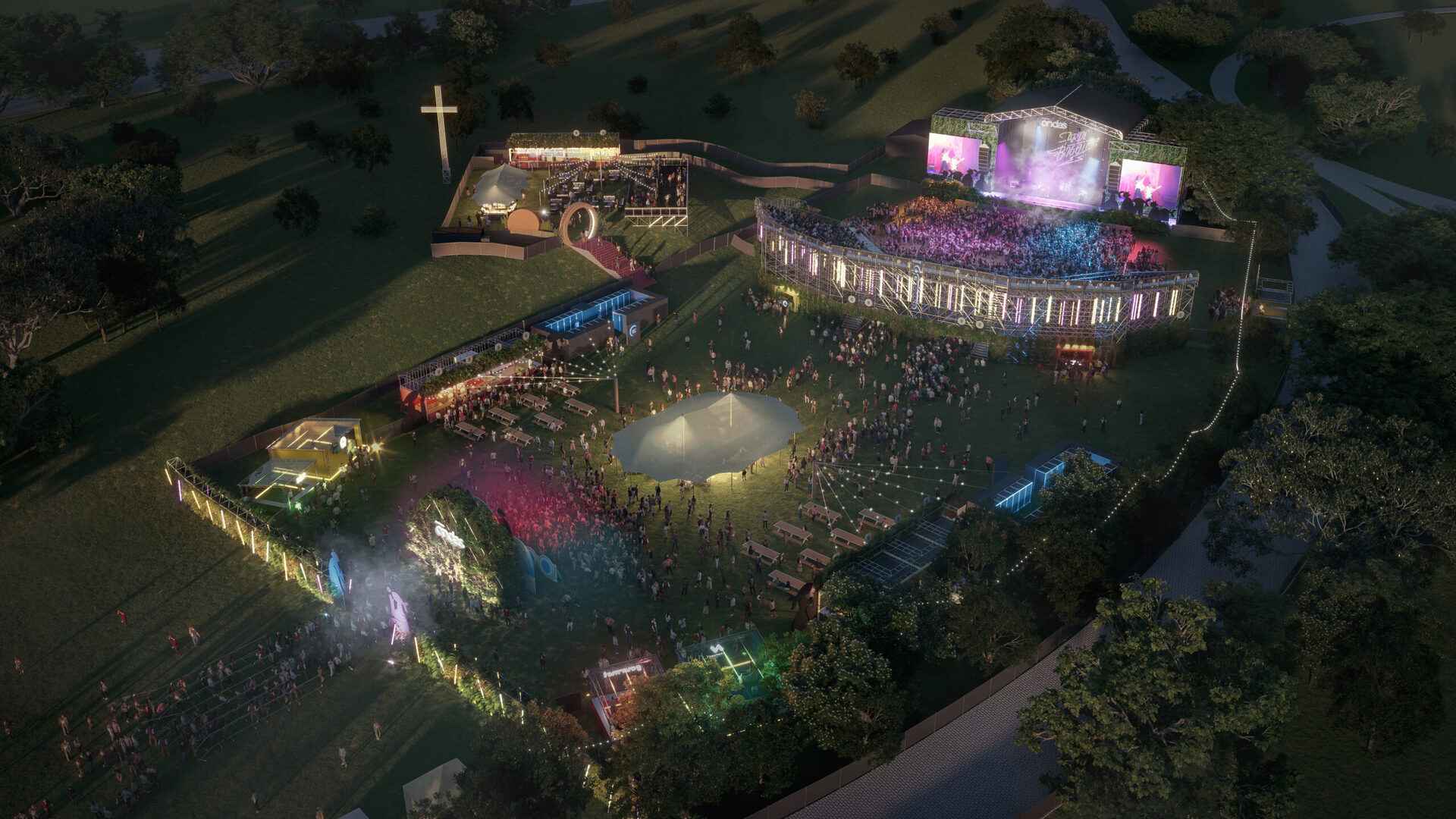 An aerial layout of Ondas Festival within Simón Bolívar Park, showcasing the stage placement, food courts, and various guest areas
