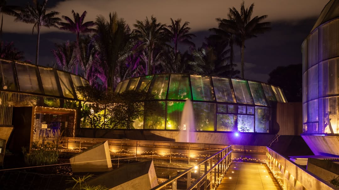 Tropicario y pasarelas iluminadas en el Jardín Botánico de Bogotá. Fotografía del Jardín Botánico.
